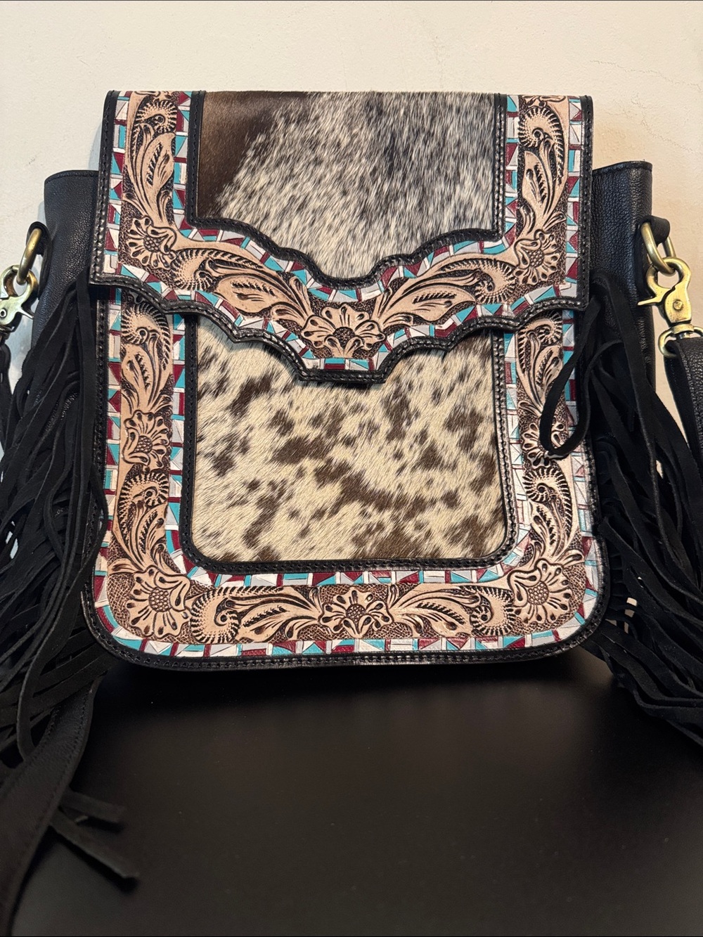 Fringe Western Cowhide Crossbody Bag in Black and Brown